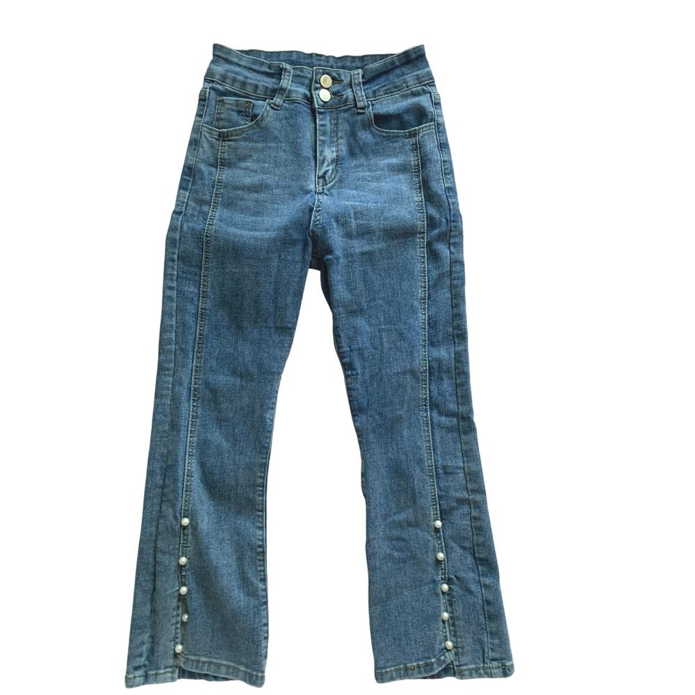 High Waist Western Flare Pearl Embellished Denim Jeans